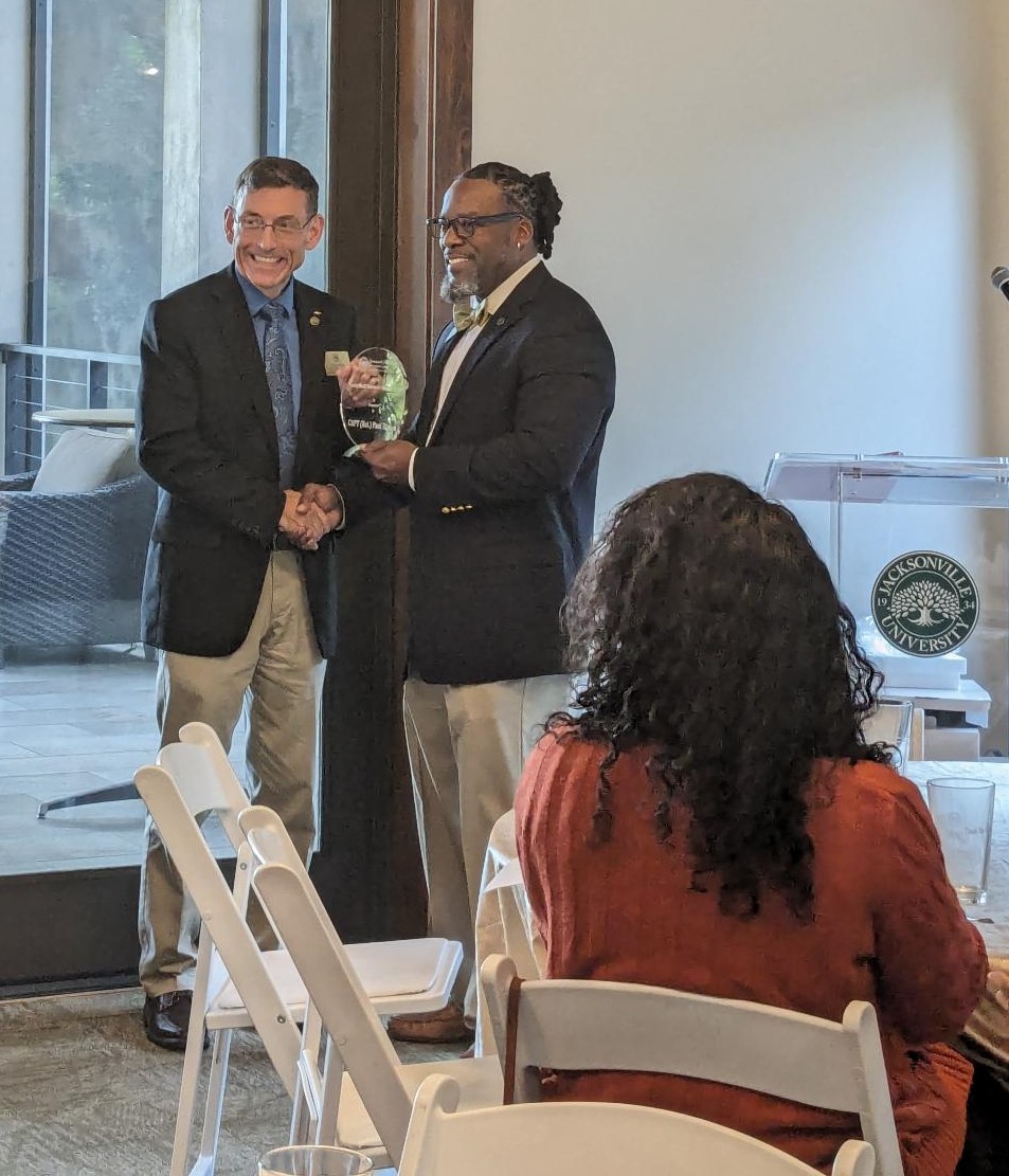 Congratulations to Dr. Paul Dinius, assistant dean of the Davis College of Business & Technology, for winning the Faculty/Staff Veteran of the Year Award from the JU Veterans & Military Resource Center during last night's Student Veteran's Appreciation Dinner.