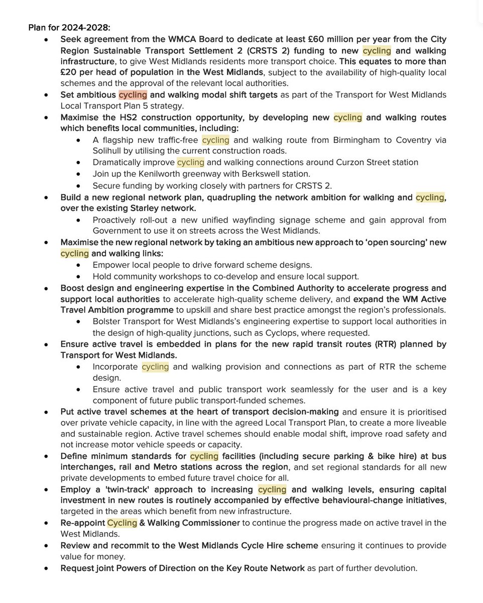 Brilliant new cycling proposals from @andy4wm in his 2024 manifesto. 46 mentions for 'cycling'. £20 per head funding: andystreet.org.uk/news/andy-stre…