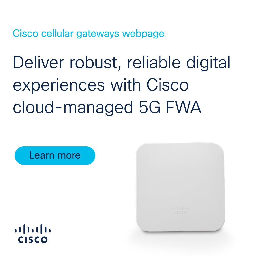 When it comes to branch deployments and small business retail, @Cisco has you covered with robust, resilient, always-on #5G FWA.

Explore all their latest innovations in wireless WAN today ⬇️
cs.co/6019bzg0R

#CiscoCatalyst #CiscoMeraki