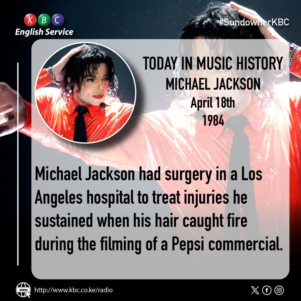 Today in Music History: 18th April 1984 Michael Jackson had surgery in a Los Angeles hospital to treat injuries he sustained when his hair caught fire during the filming of a Pepsi commercial. ^PMN #SundownerKBC