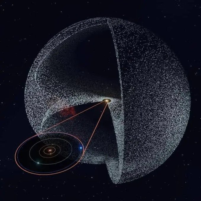 Imagine a massive celestial bubble made of ice and dust surrounding our Solar System. That’s the Oort cloud and this is its scale. The Oort Cloud lies at the very edges of the Solar system. Even the farthest ones which are still working, like Voyager 1, Voyager 2 and New