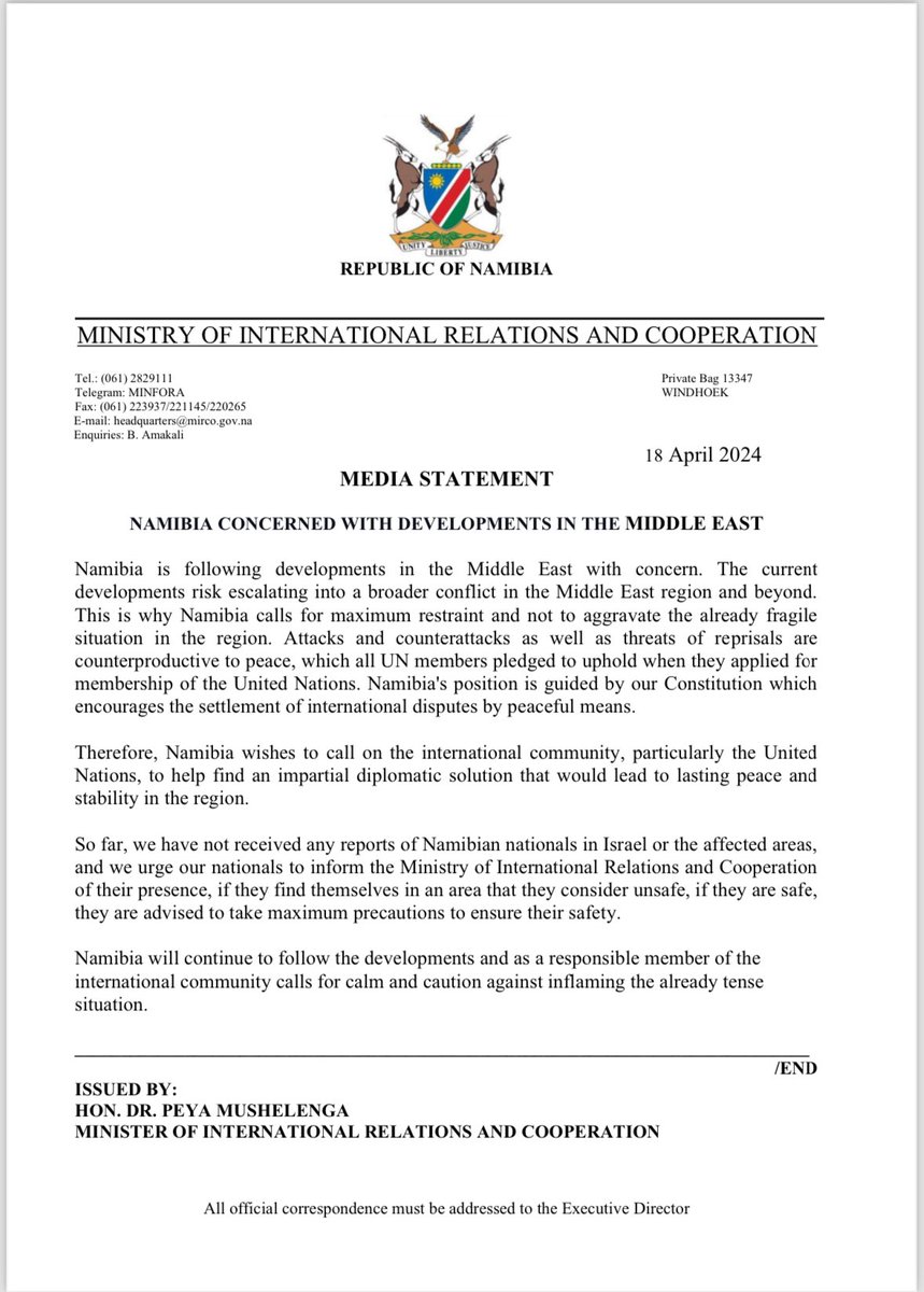 MEDIA STATEMENT… Namibia concerned with the developments in the Middle East