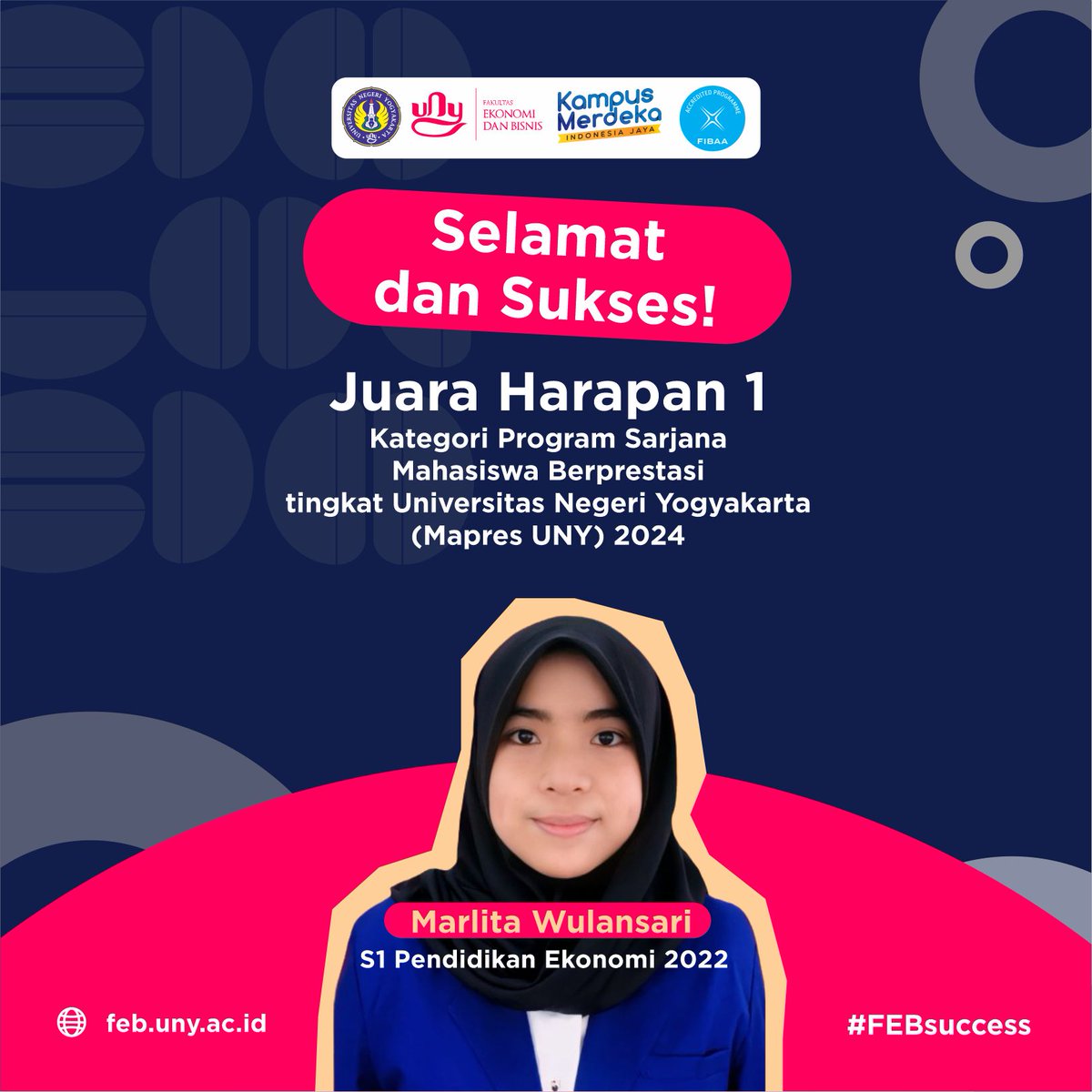 febunyofficial's tweet photo. Mahasiswa S1 Pend. Ekonomi 2022, Marlita Wulansari, meraih Juara Harapan 1 Mahasiswa Berprestasi tingkat Universitas Negeri Yogyakarta tahun 2024 pada program Sarjana. Marlita menjadi angkatan termuda dalam pemeringkatan ini. Selamat dan sukses, ya! #FEBsuccess #FEBright https://t.co/HVrOPb0eTp