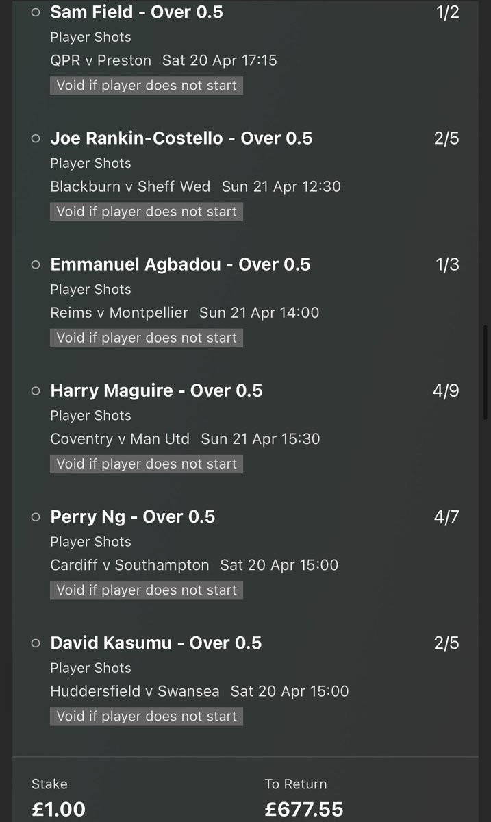 676/1 PLAYER SHOTS ACCA 🤞🏼 12 players over the weekend all to have at least 1 shot. Longshot but good stats for them all to create this huge odds bet. 18+ gambleresponsibly