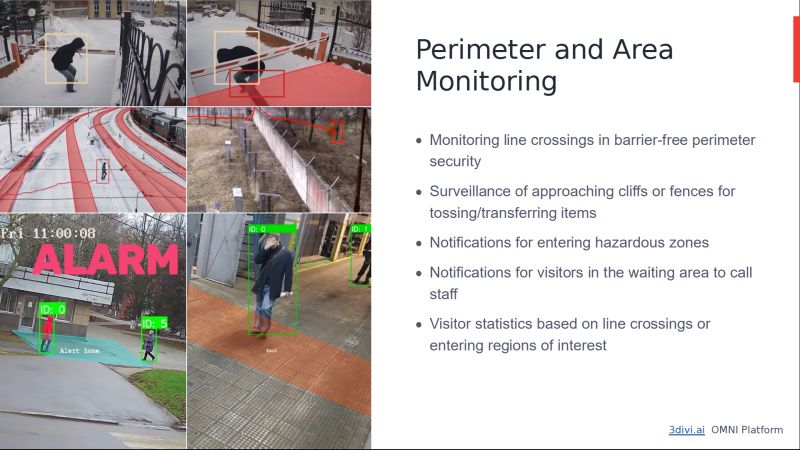 Explore Perimeter & Area Monitoring in video analytics:

- Monitor lines for security
- Check cliffs/fences for item transfer
- Get alerts for hazardous zones
- Notify staff of waiting visitors
- Track visitor stats based on movements

#VideoAnalytics #Security