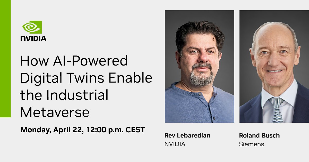 Learn how Siemens and NVIDIA are using digital twins to enable the industrial metaverse. Join Roland Busch and Rev Lebaredian at #HM24 as they discuss the potential of immersive experiences and how photorealistic visualization drives productivity. nvda.ws/4arI2Pa