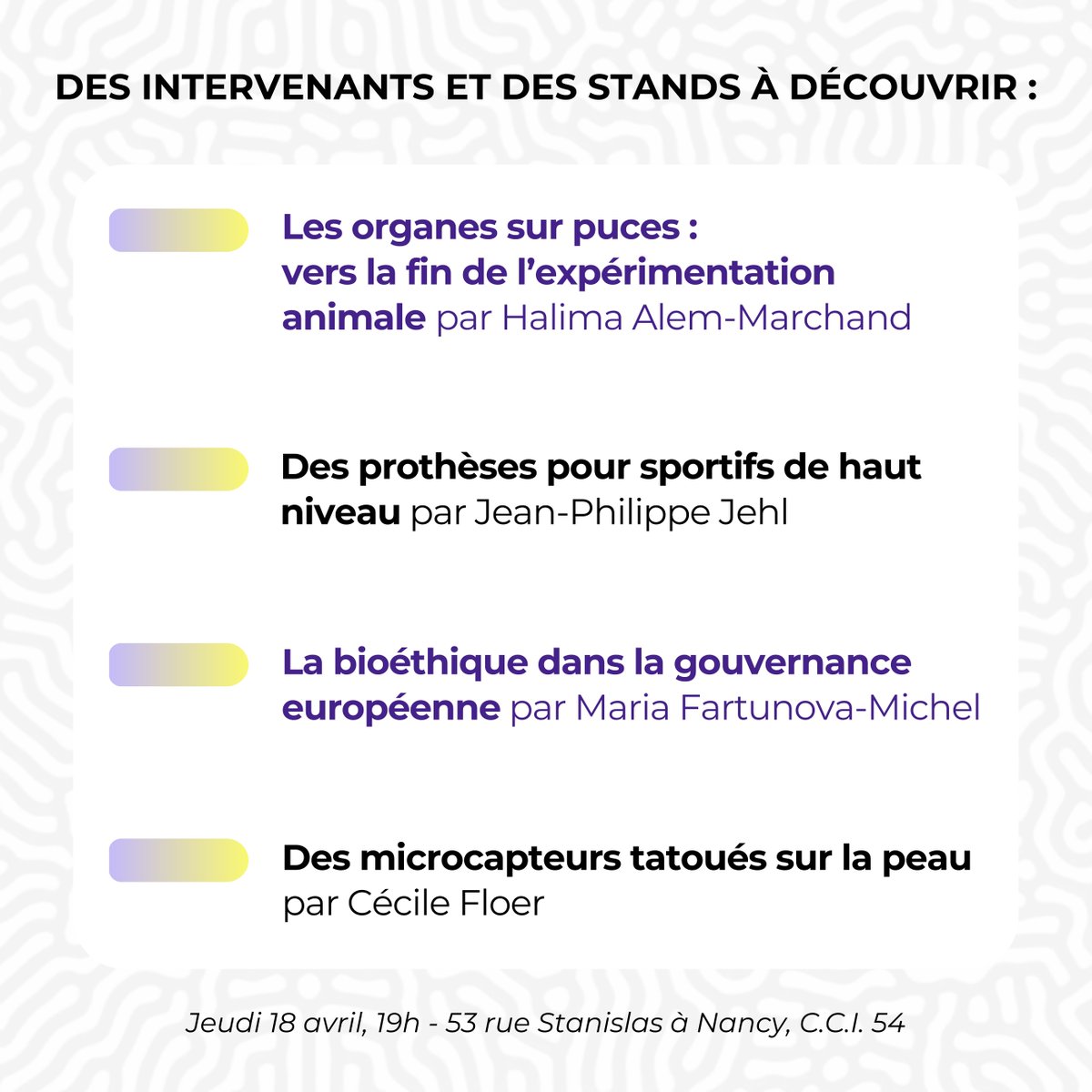 📣L'événement 'Matériaux & Société' revient !🗣️ Assistez à des #conférences, des débats et des témoignages sur les perspectives industrielles et académiques. 🧪 📅 RDV ce soir dès 19h pour explorer les nouvelles frontières de la médecine 🎫 Entrée gratuite, places limitées