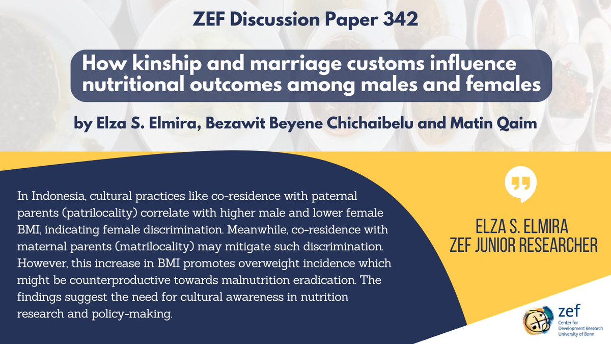 +++ New ZEF Discussion Paper +++ 'How kinship and marriage customs influence nutritional outcomes among males and females' by ZEF director @MatinQaim , ZEF senior researcher Bezawit Beyene Chichaibelu and ZEF junior researcher Elza S. Elmira ➡️ bit.ly/ZEF_DP_342