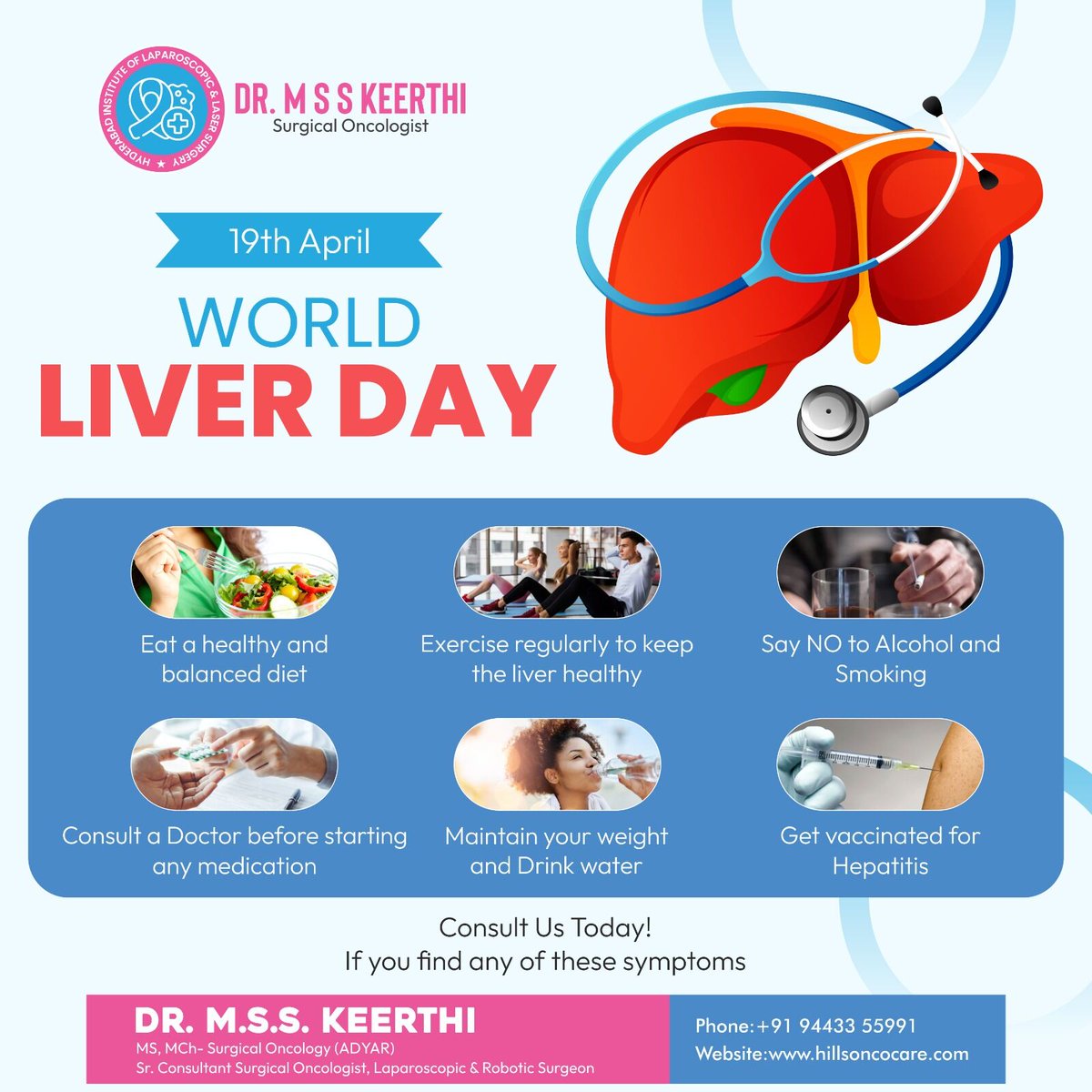 Happy World Liver Day! Remember to prioritize liver health: eat well, exercise, avoid alcohol/smoking, consult doctors for meds, manage weight, stay hydrated, and get Hepatitis vaccinations. Reach out if needed! 

#WorldLiverDay #LiverHealth #HealthyLiver #LiverAwareness