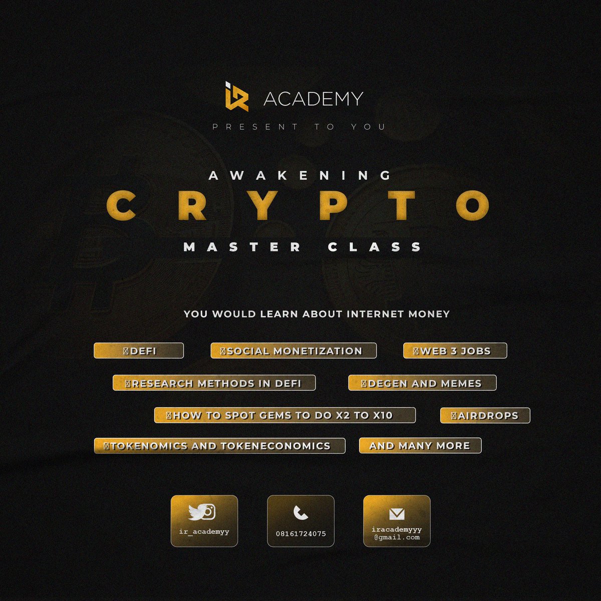 ANOTHER OPPORTUNITY TO LEARN CRYPTOCURRENCY & WEB 3 IS HERE I will be giving out 4 slots to people intetested in learning Crypto&Web3 2 slots free & Discount each Task : •Follow @Sholly_Pee1 @Investor_ruthh @Ir_Academyy •Like & Repost •Join TG : t.me/TACMCC