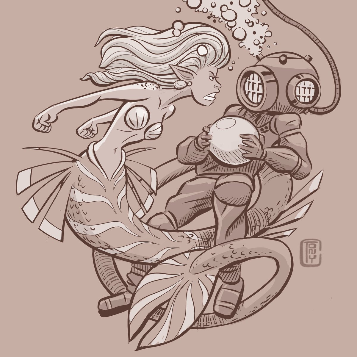 #throwbackthursday I believe this was my first #MerMay #mermaid drawing. Made a few changes. Originally drawn in Fresco when it was still in beta and called Gemini. #diver #treasure #adventure #characterdesign #originalcharcter #mermay2024 #vectorart #vectorartwork