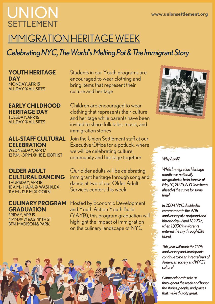 Join @unionsettlement at two of their Older Adult Centers today to celebrate #ImmigrantHeritageWeek #IHW2024 through song & dance 🎶🕺 Visit unionsettlement.org for more information.