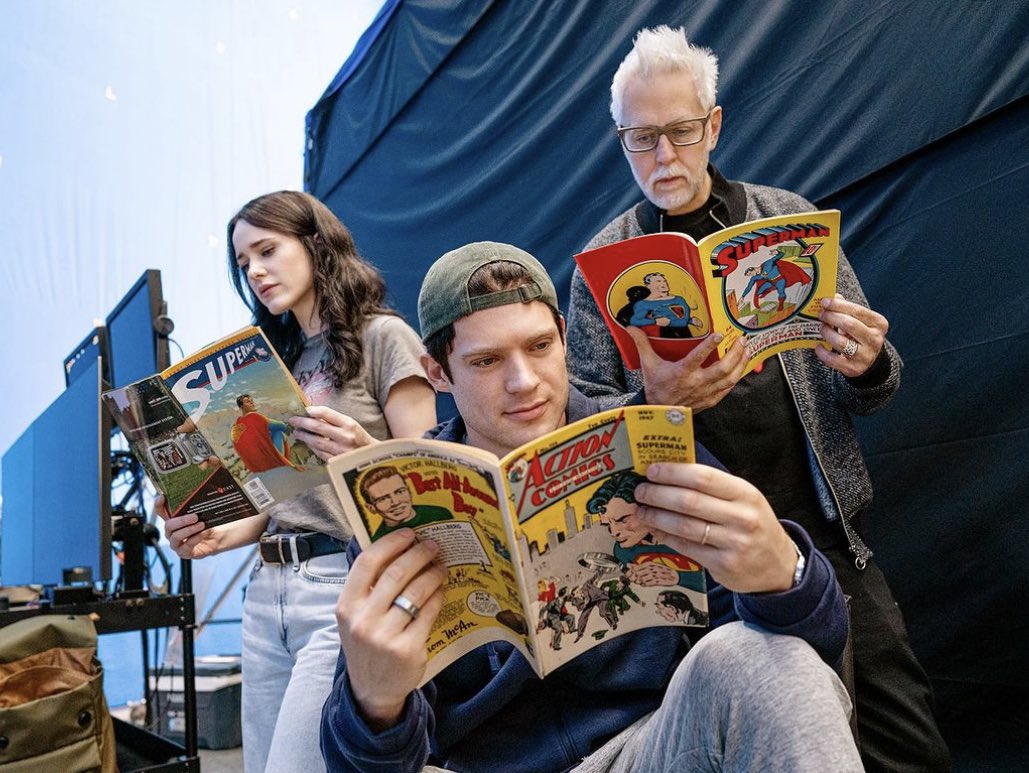 David Corenswet, Rachel Brosnahan and James Gunn on the set of the DCU’s upcoming SUPERMAN movie
