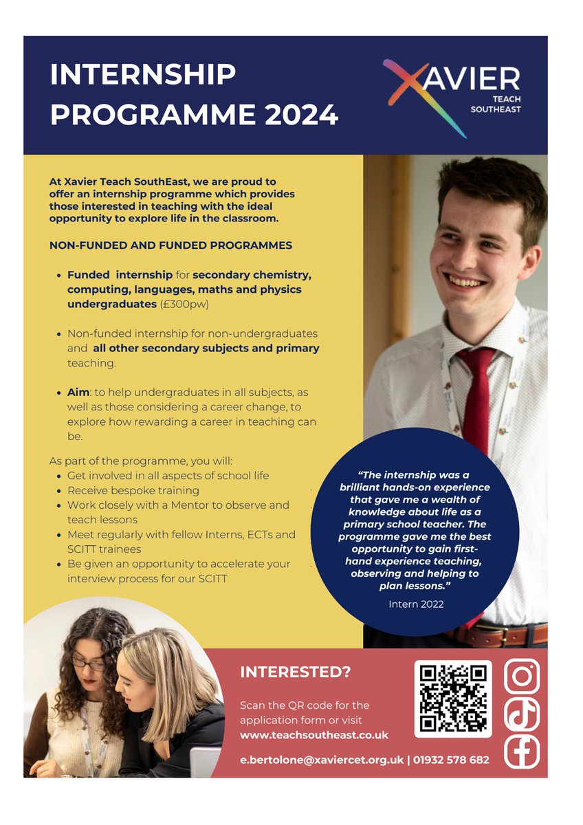 If you are looking for an internship this summer, then look no further. Xavier Teach SouthEast is proud to offer non-funded and funded internship programmes. For further information please contact Angelina Daniel - adaniel@st-pauls.surrey.sch.uk #internship #getintoteaching