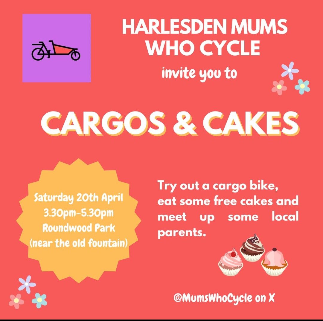 Cargos & Cakes! This Saturday in Roundwood Park. Come along to try some #FamilyCycling solutions.