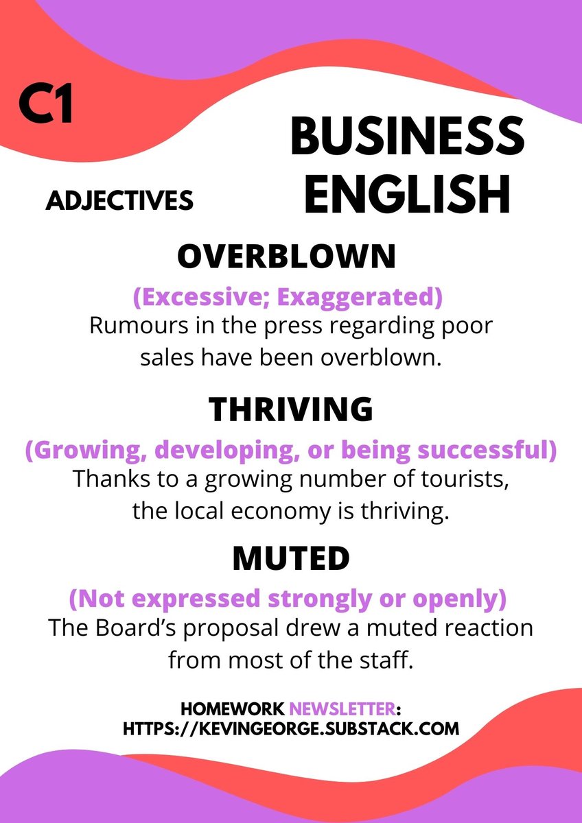NEW Business English Post 205!  Useful advanced C1 adjectives and example business sentences 🖊️
From Business English Bits Homework Newsletter📧
See link in bio or comments ⬇️
#vocabulary #LearnEnglish #Englishgrammar #english #LanguageLearning #TOEFL #英語日記 #twinglish #ESL