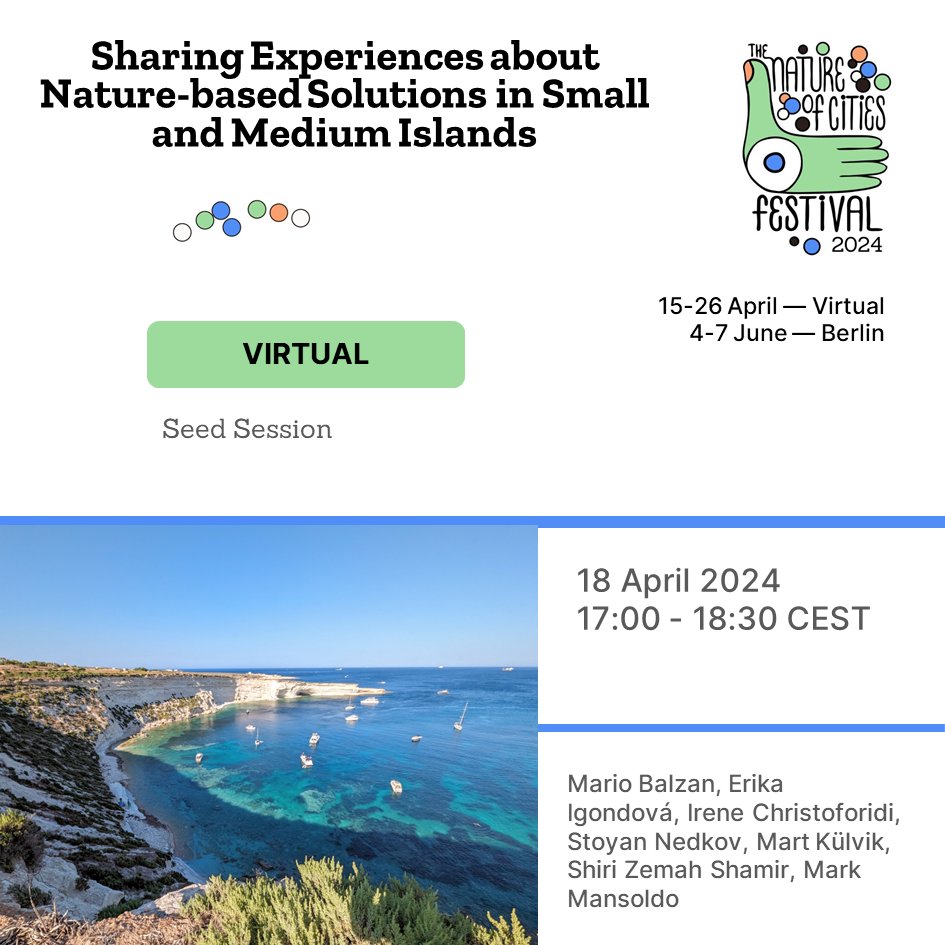SELINA Project (Horizon Europe) (@selinahorizoneu) on Twitter photo 📢 #SELINApartners at The Nature of Cities Festival 2024 (#TNOC2024)! 🌿
<a href="/mariobalzan/">Mario Balzan</a> and @Stoyan_Nedkov will share experiences about nature-based solutions in small and medium islands.
🗓️ 18 April 2024
⏰ 17:00 - 18:30 CEST
Read more: tnocfestival2024.sched.com/event/1Z1NT 📢 #SELINApartners at The Nature of Cities Festival 2024 (#TNOC2024)! 🌿
<a href="/mariobalzan/">Mario Balzan</a> and @Stoyan_Nedkov will share experiences about nature-based solutions in small and medium islands.
🗓️ 18 April 2024
⏰ 17:00 - 18:30 CEST
Read more: tnocfestival2024.sched.com/event/1Z1NT