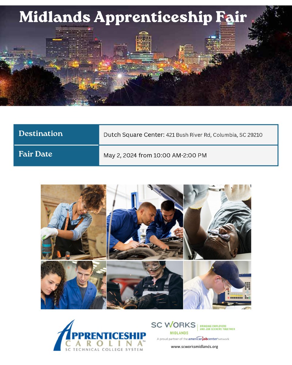 ApprenticeshpSC's tweet image. What is a registered apprenticeship? A paid job with training and mentor support! Come find one at the Midlands Apprenticeship Fair in Columbia, SC on May 2nd from 10AM-2PM. Dutch Square Center, 421 Bush River Rd, Columbia, SC 29210.