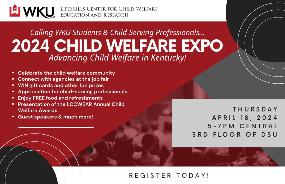 Today is the day! Join us for our 4th annual Child Welfare Expo! Third floor of DSU, from 5:00 to 7:00 p.m. Please share, pre-register  and attend!  #ChildWelfare
Register here: wku.co1.qualtrics.com/jfe/form/SV_5z… 
@KyDCBS @CHHS_WKU @WKUSocialWork @LifeSkillsInc1 @GriffithsPhD @wku