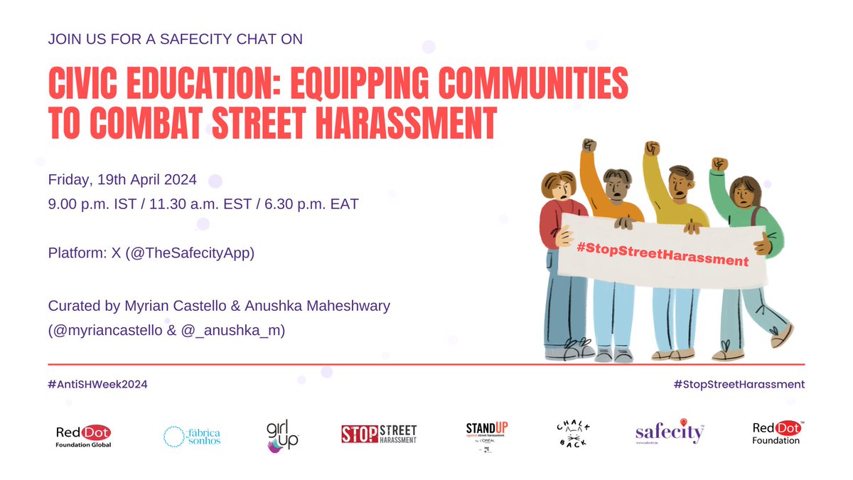 📢Please join us for a #Safecity chat with Myrian Castello (@myriancastello_) & Anushka Maheshwary (@_anushka_m) on 'Civic Education: Equipping Communities to Combat Street Harassment'.

🗓️19th April, 2024
⏰9:00 PM IST | 11:30 AM EST 

#AntiSHWeek2024 

#RedDotFoundation