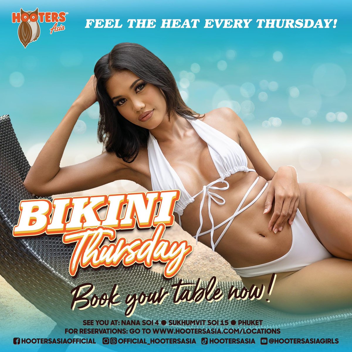 It's Bikini Night at Hooters Thailand every Thursday! 👙 Join us for a night of fun and enjoy the sights of our Hooters girls in their bikinis. Visit us at:
📍Nana Soi 4
📍Phuket
📍Koh Samui
📍Bangkok Soi 15 
#Hooters #BikiniNight #BeachParty #HootersGirls #Thailand #Phuket