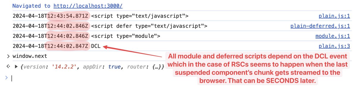 I had an interesting discussion with folks from the Chrome and Firefox teams about React Server Components and how they affect #webperf at the @towebperf meetup yesterday. The DCL event seems to happen when the last bit of HTML reaches the browser, which can be seconds later.