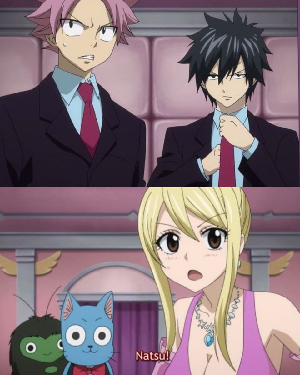 light_of_fire's tweet image. just look at Lucy's reaction after seeing Natsu in a suit 😏