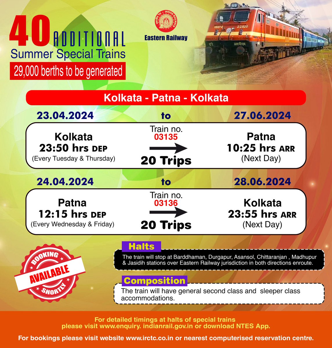EasternRailway's tweet photo. Kolkata - Patna - Kolkata https://t.co/2U8VjzEBtB