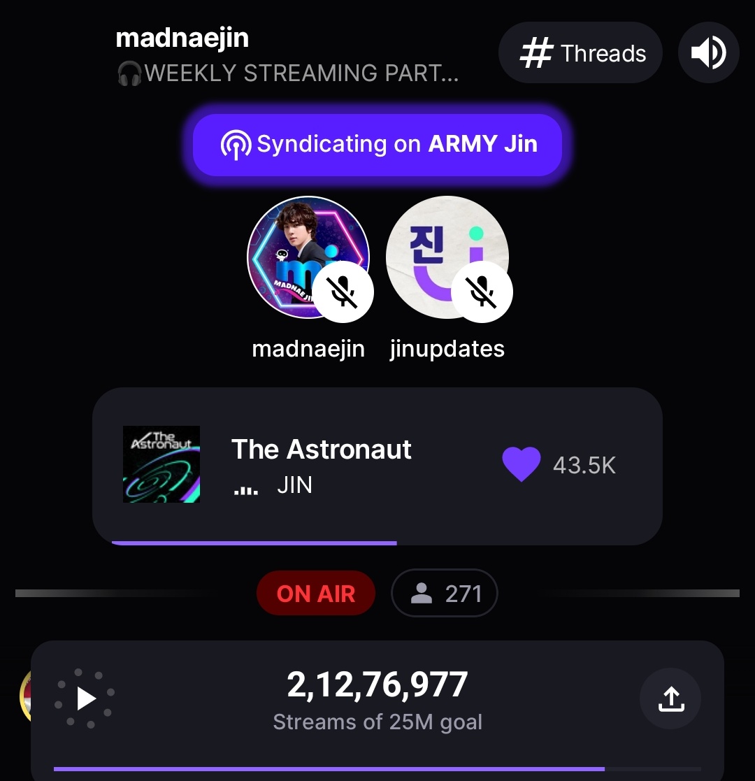 🎧 WEEKLY STREAMING PARTY We are now ON AIR! Join @MadnaeJin1204 and me live on Stationhead right now! Let's vibe together and stream! Don't miss out the fun and let’s stream together! 🎧🎶 🔗stationhead.com/madnaejin #방탄소년단진 #BTSJIN @BTS_twt