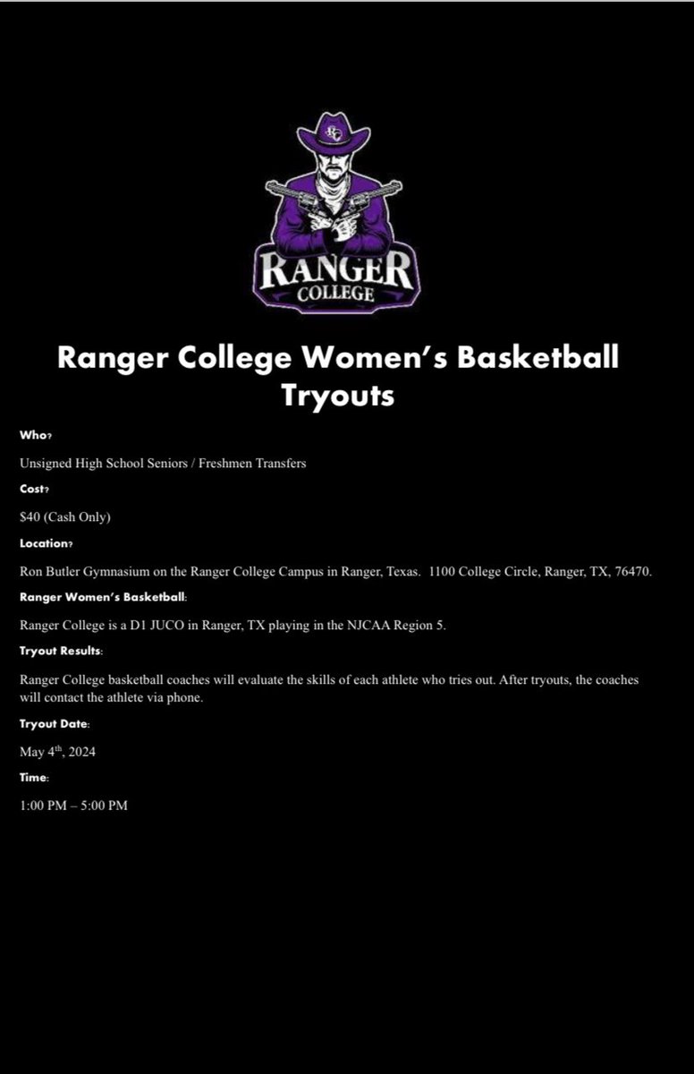 Ranger_WBB's tweet photo. 🏀RC WBB Open Tryouts 🏀
📆May 4th 
🕤1-5
Email mmorefield@rangercollege.edu to lock your spot in. 
@Tabchoops #txhsgbb #gbb #transfers #24gbb https://t.co/ru7di4B5zZ