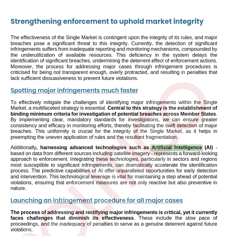 Can experts on #SingleMarket enforcement out there tell me what @EnricoLetta might mean when he recommends 'harnessing advanced technologies such as AI', incl satellite imagery, to spot breaches of Single Market rules? 🤔 Seems Orwellian 💻📡 See page 128 of the #lettareport ⬇️