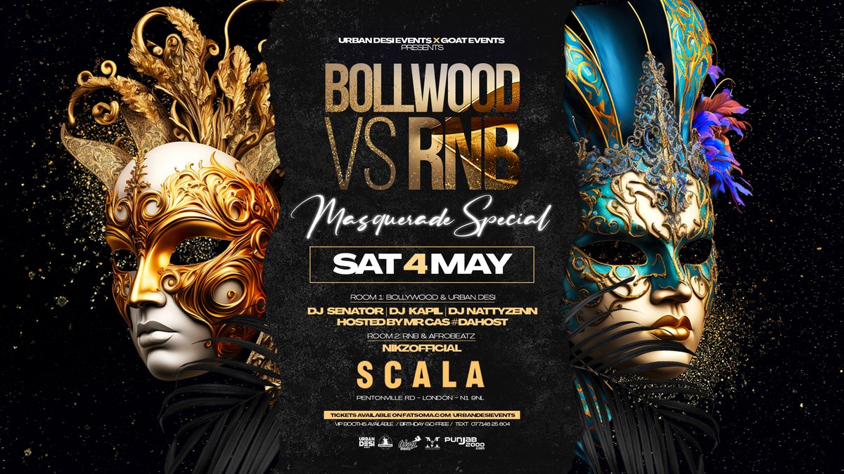 URBAN DESI EVENTS PRESENTS! Bollywood v RNB Masquerade Special on May 4th Expect a clash of two worlds, where the beats of Bollywood meet the smooth rhythms of RnB, all under the cover of masquerade intrigue. Tix available at: scala.co.uk/events/bollywo…