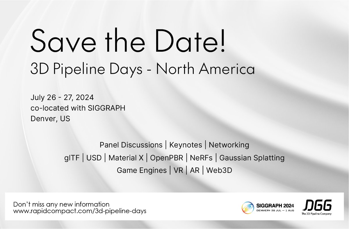 Join 3D Pipeline Days 2024 - July 26-27, 2024 in Denver 🚀🥳

📆Mark your calendars - The 3D Pipeline Days are entering their second round. This time in Denver, co-located with SIGGRAPH 2024.

Don't miss any new information: rapidcompact.com/3d-pipeline-da…