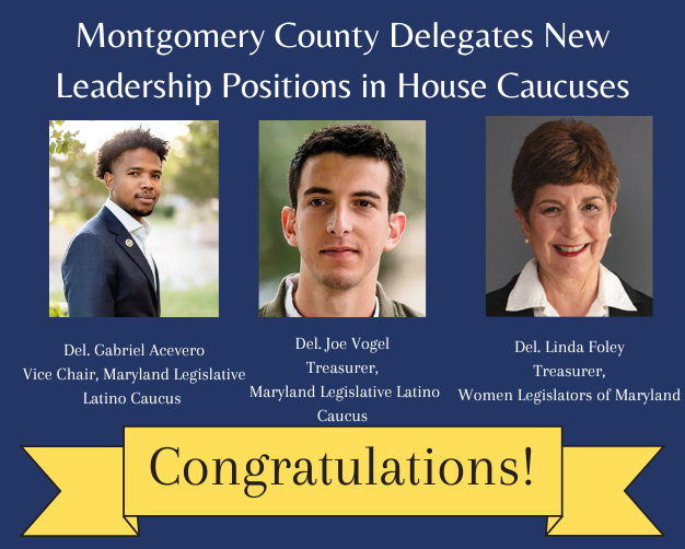 On behalf of the Montgomery County House Delegation, congratulations to my colleagues Delegate Gabriel Acevero, Delegate @JoeVogel_ , and Delegate @Lkfoley on their new leadership positions within the Maryland General Assembly's Latino Caucus and Women's Caucus!