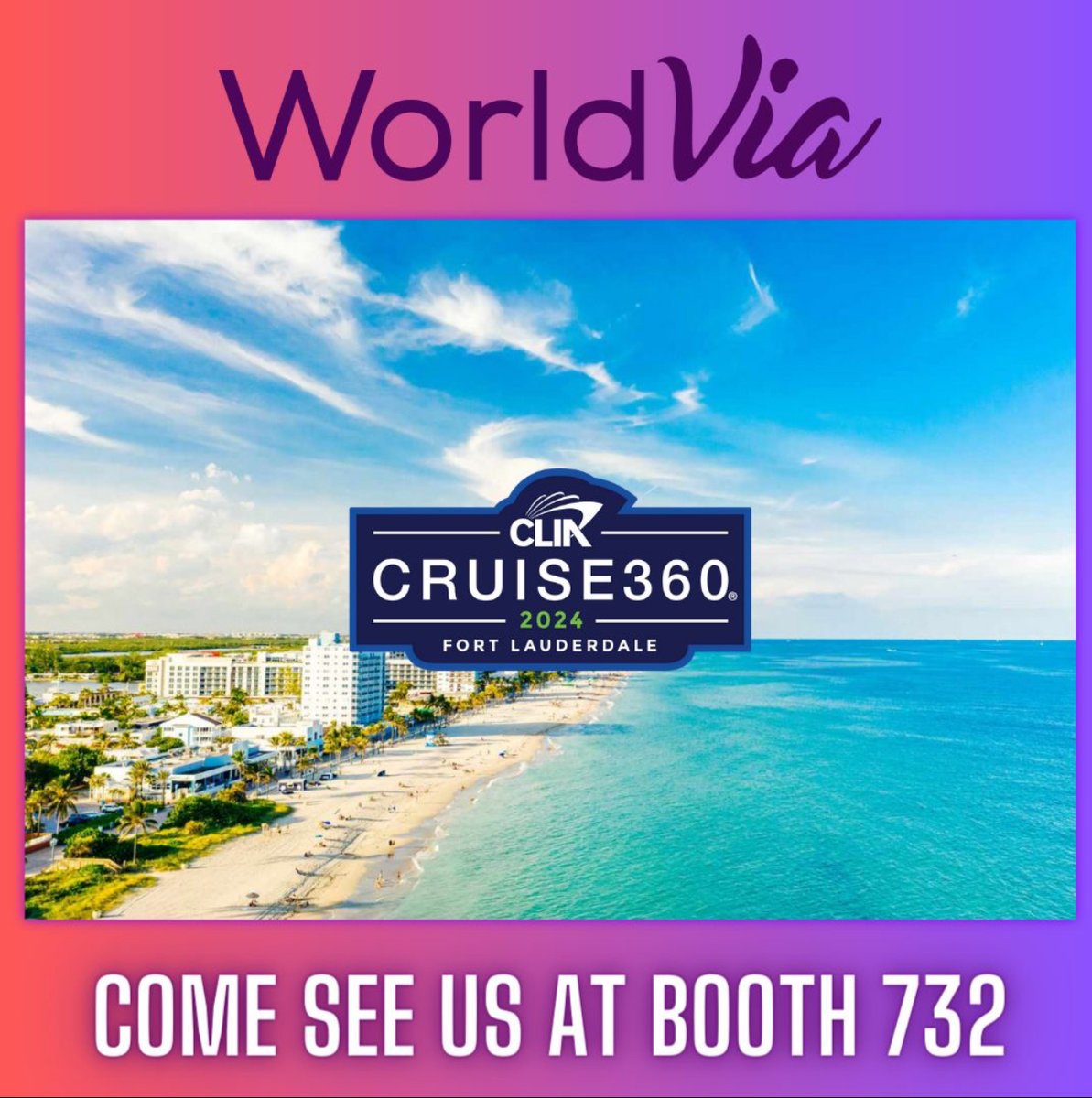 worldviagroup's tweet photo. If you're at Cruise360's Trade Show in Fort Lauderdale, stop by. We'd love to see you. 

#weAREcruise @LoveTravelLiveTravel https://t.co/tfJNHhAMu8