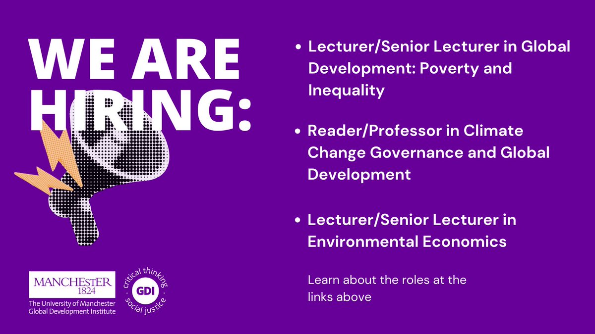 📢A reminder that we have three job postings currently available within GDI for academic staff! You can find out more about the roles here: - Global dev: loom.ly/I8lqCz0 - Climate Change: loom.ly/xHeYzMY - Economics: loom.ly/ejyCm74