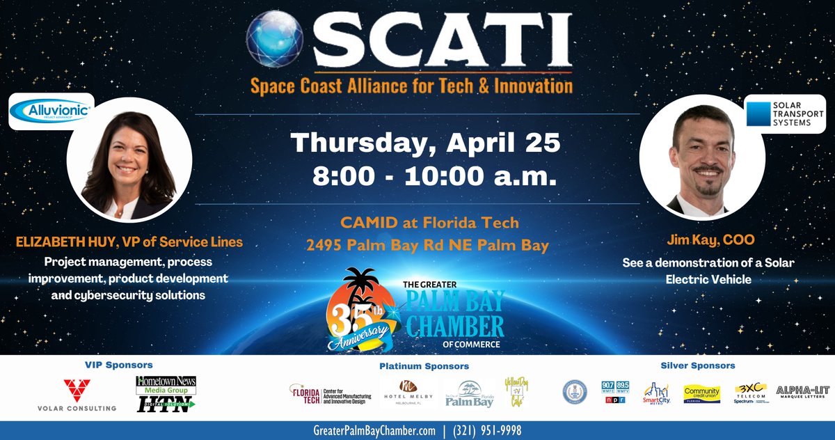 palmbayccomm's tweet photo. On April 25th, we will have #SCATI, featuring Elizabeth Huy, VP of Service Lines from Alluvionic Inc.   and Jim Kay, Chief Operating Officer of Solar Transport System.
For sponsorship opportunities and registration, go to:  https://t.co/yabRozKmlj https://t.co/bm5oniS9ZE