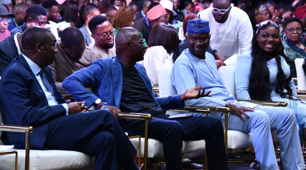 L-R: Deputy Governor of Lagos State, Doctor Obafemi Hamzat; Governor Babajide Sanwo-Olu; former Governor of the State and Former-Minister of Works and Housing,  Babatunde Fashola, (SAN) and the Executive Secretary of Lateef Jakande Leadership Academy (LJLA), Ayisat Agbaje-Okunade