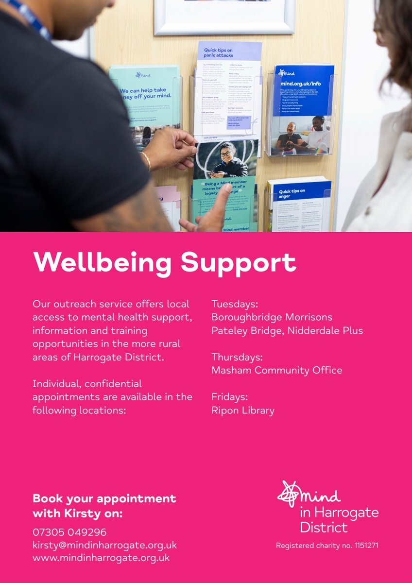 Our outreach service offers local access to mental health support in Pateley Bridge, Boroughbridge, Masham and Ripon.
If you feel like you might benefit from speaking to someone about your mental health and wellbeing, individual and confidential appointments can be arranged.