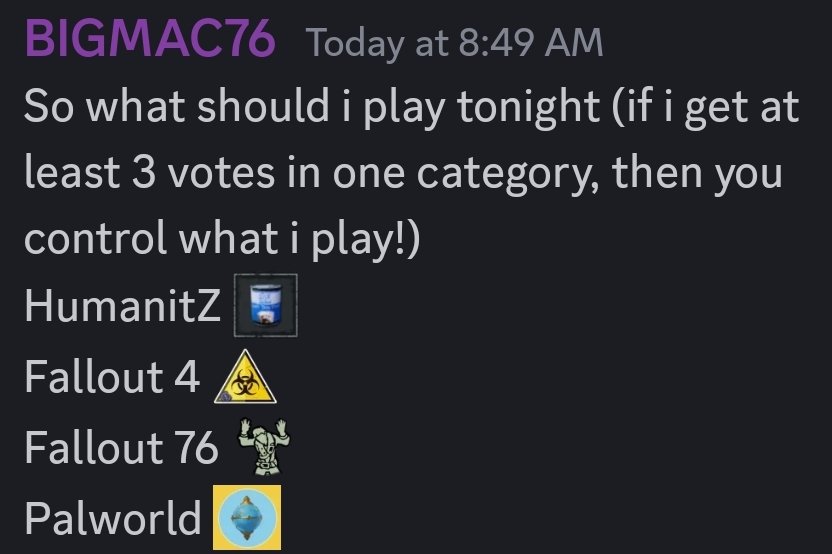 B1GMAC76's tweet photo. What should i stream tonight? Vote on the discord, thanks #fallout #palworld #humanitz 

https://t.co/CJg17dj4UZ https://t.co/IrkqA8CF2J