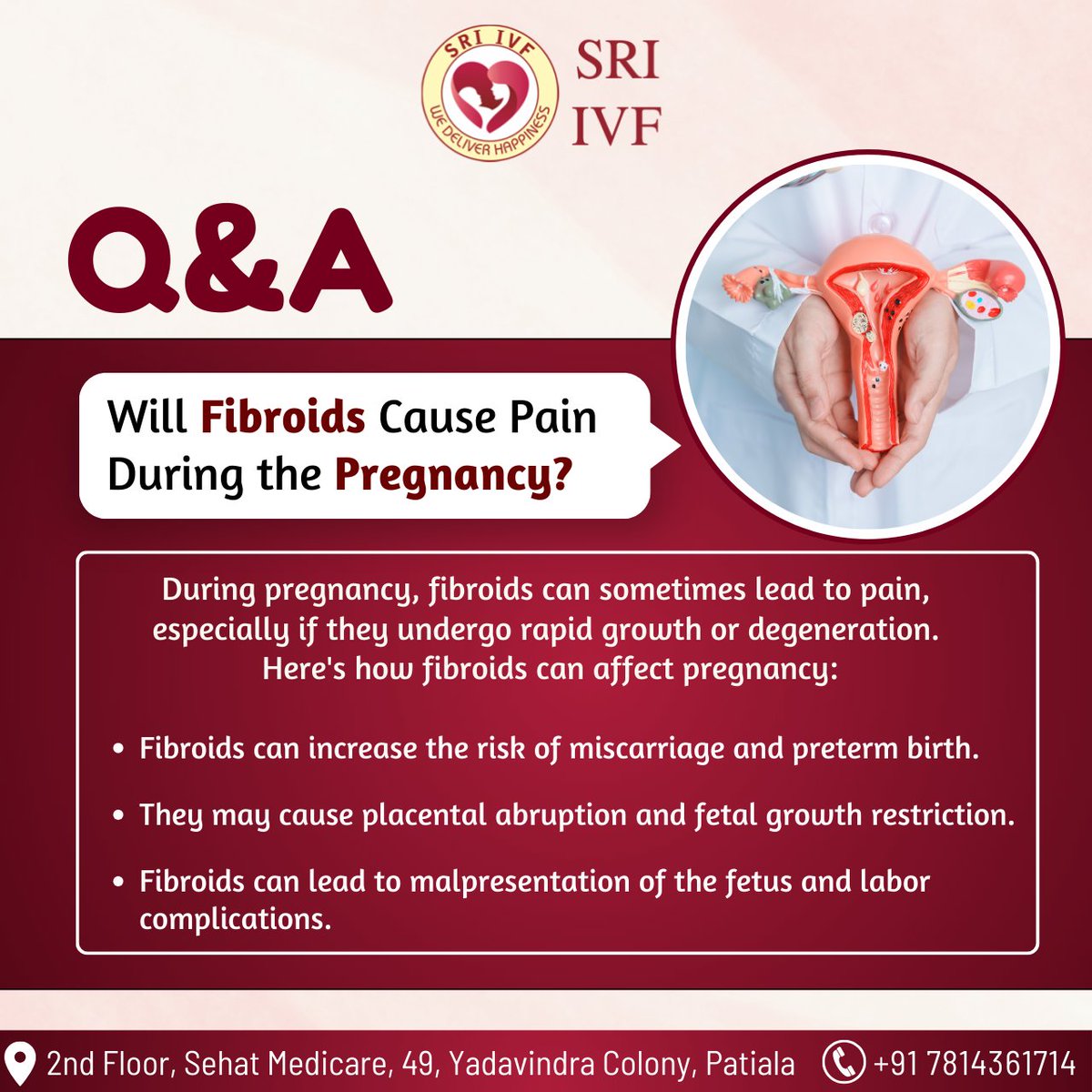 Yes, fibroids can cause pain during pregnancy due to their growth. They can also increase the risk of miscarriage, preterm birth, and placental issues. #FibroidsAndPregnancy #Fibroids #FibroidsTreatment #FertilityClinic #FertilityExperts #sriivf #patiala #punjab #sriivfpataila