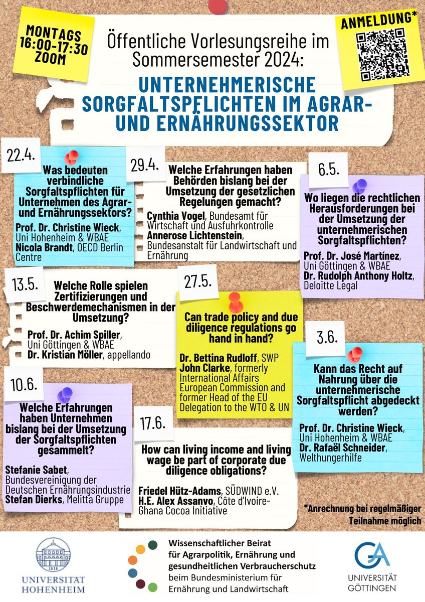 Welche Rolle spielen unternehmerische #Sorgfaltspflichten für den Agrar- und Ernährungssektor? Darüber sprechen Christine Wieck (@UniHohenheim) und Nicola Brandt (@OECD) am 22. April, dem Auftakt einer ganzen Vorlesungsreihe zum Thema: uni-goettingen.zoom.us/webinar/regist… #Landwirtschaft