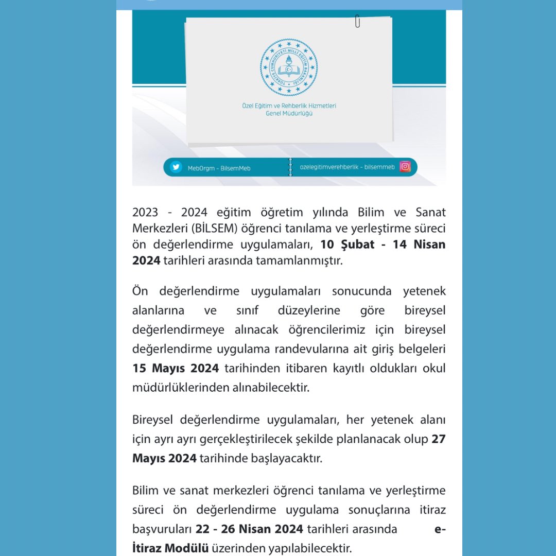 BagcilarBilsem's tweet photo. Değerli Velilerimiz,
BİLSEM ön değerlendirme  uygulaması (Tablet Üzerinden Yapılan) sonuçları açıklanmıştır.
İyi günler.

https://t.co/57FjFuOMLs https://t.co/fIfoNmPuwj