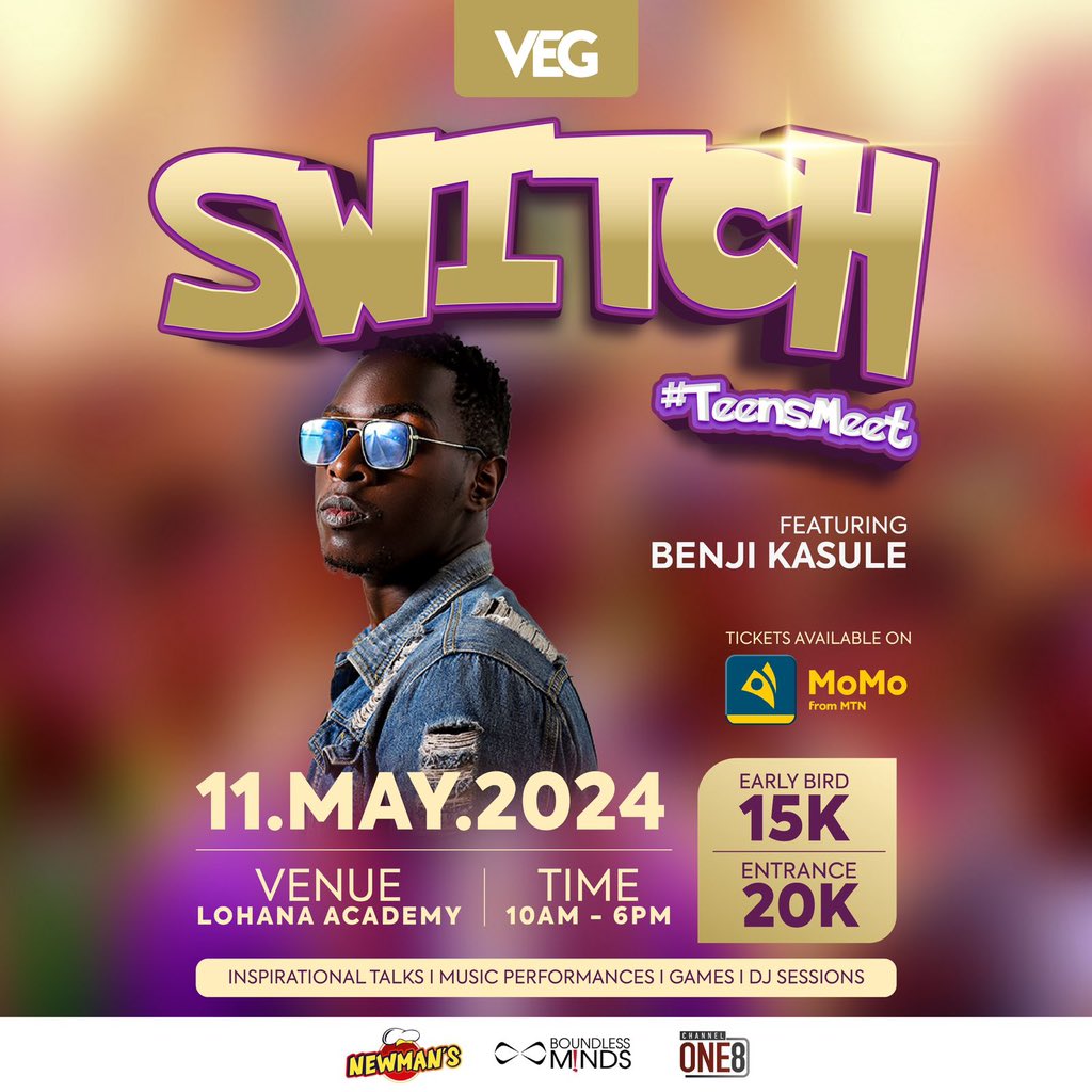 Ladies and gentlemen, please join me in welcoming @BenjiKasule , a talented producer, songwriter, and artist, to the #Switch2024 event taking place on 11th May at Lohana Academy. Grab your early bird tickets for just 15k on @mtnmomoug . #TeensMeet