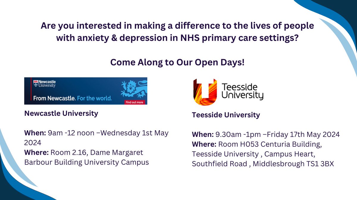 North East and Yorkshire PPN (@neandy_ppn) on Twitter photo Newcastle University and Teesside University are offering free open days!
Learn about how to support people with anxiety & depression in primary care & the roles within NHS Talking Therapy Services
Teesside Uni : shorturl.at/nGSX8
Newcastle Uni: shorturl.at/exWY8 Newcastle University and Teesside University are offering free open days!
Learn about how to support people with anxiety & depression in primary care & the roles within NHS Talking Therapy Services
Teesside Uni : shorturl.at/nGSX8
Newcastle Uni: shorturl.at/exWY8