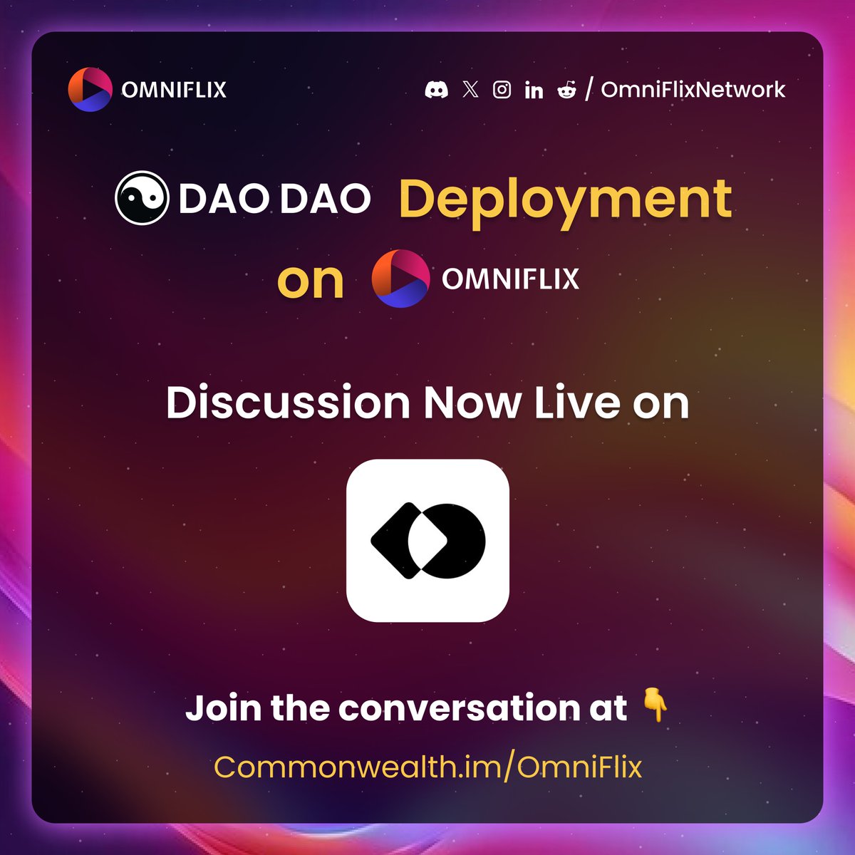 Fam, The proposal draft for @DA0_DA0 depolyment on OmniFlix is live now live for discussion on @commondotxyz ⚡️ We are just getting started 🎬⚛️🗳️ Participate in the discussion now on 👇 commonwealth.im/omniflix/discu…