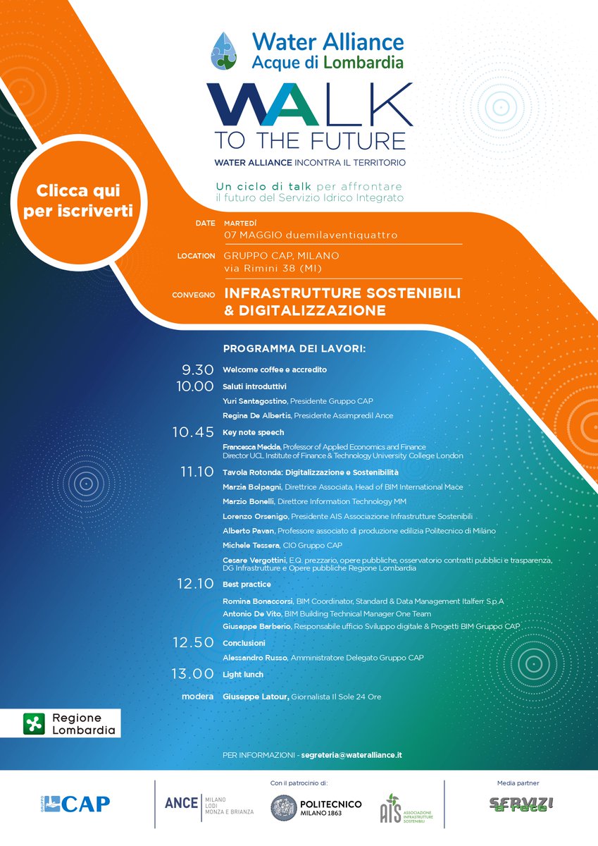 Il 7 maggio ospitiamo #WAlktotheFuture, il ciclo di talk organizzato da #WaterAlliance - Acque di Lombardia Il tema del convegno sarà 'Infrastrutture sostenibili e digitalizzazione'. Scopri il programma completo e registrati per partecipare: serviziarete.it/infrastrutture…