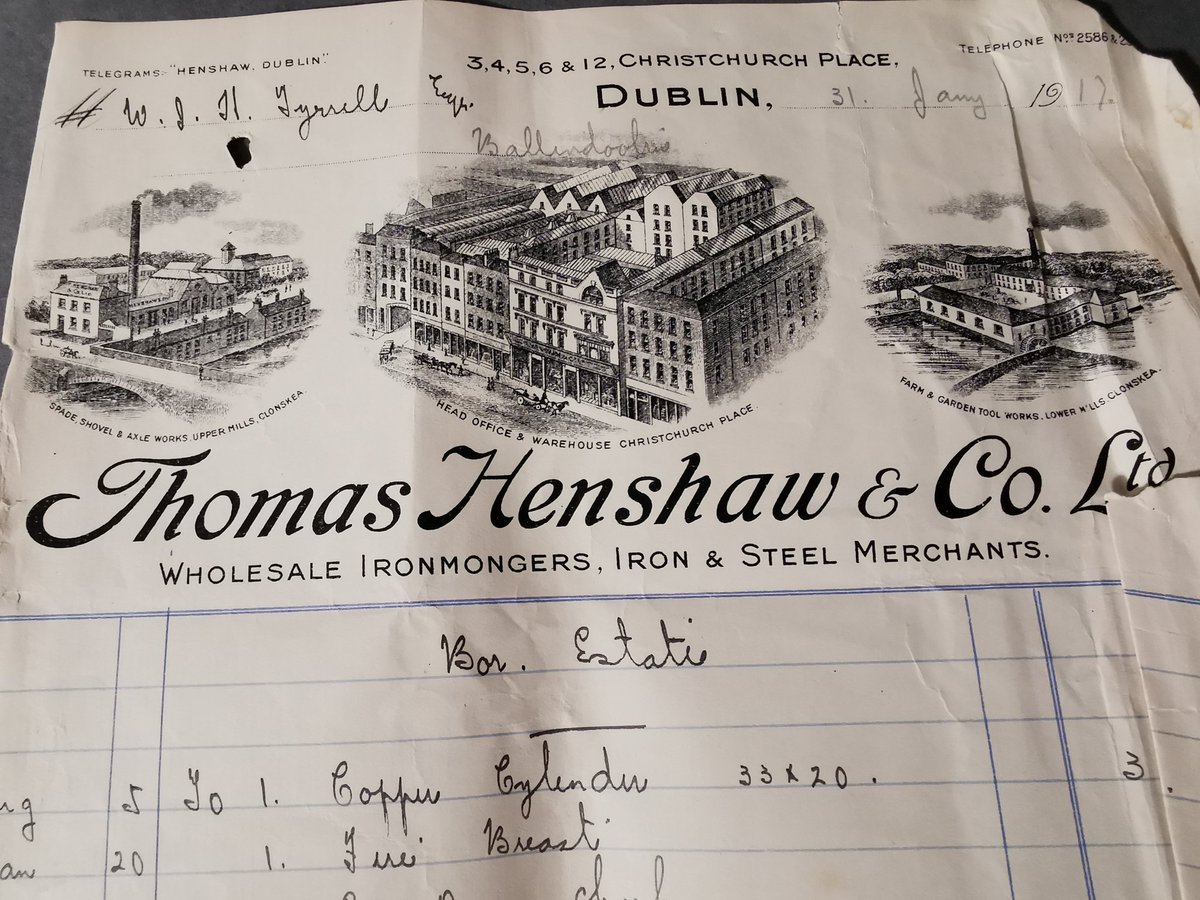 Beautiful illustrations on these Ballindoolin archive invoices for Thomas Henshaw, Dublin (1917) and Walter Carson & Sons, Dublin (1918) #CountryHouseArchives