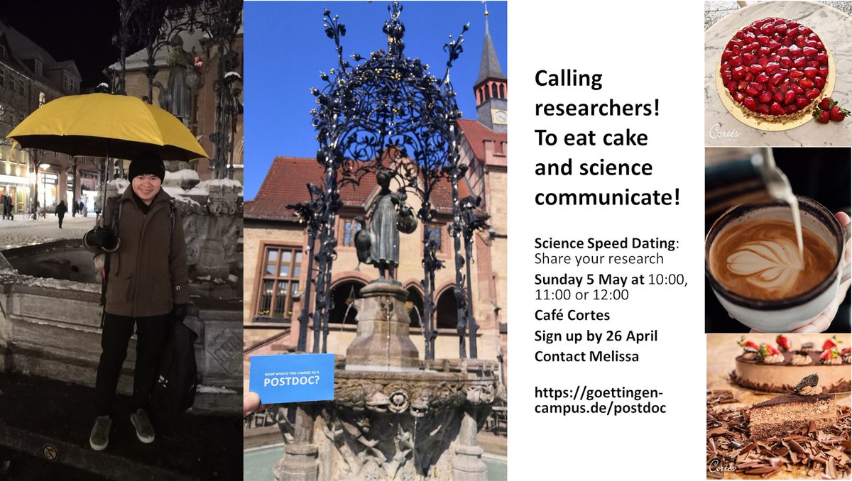 Events for researchers in Göttingen: Walk&Talk tomorrow (Fri) led by Linh with the yellow umbrella, Postdoc Social on 2 May, & register for Science Speed Dating with cake at Café Cortes on 5 May: goettingen-campus.de/postdoc-event #WellBeing #MentalHealth #ScienceCommunication #GCPostdocs