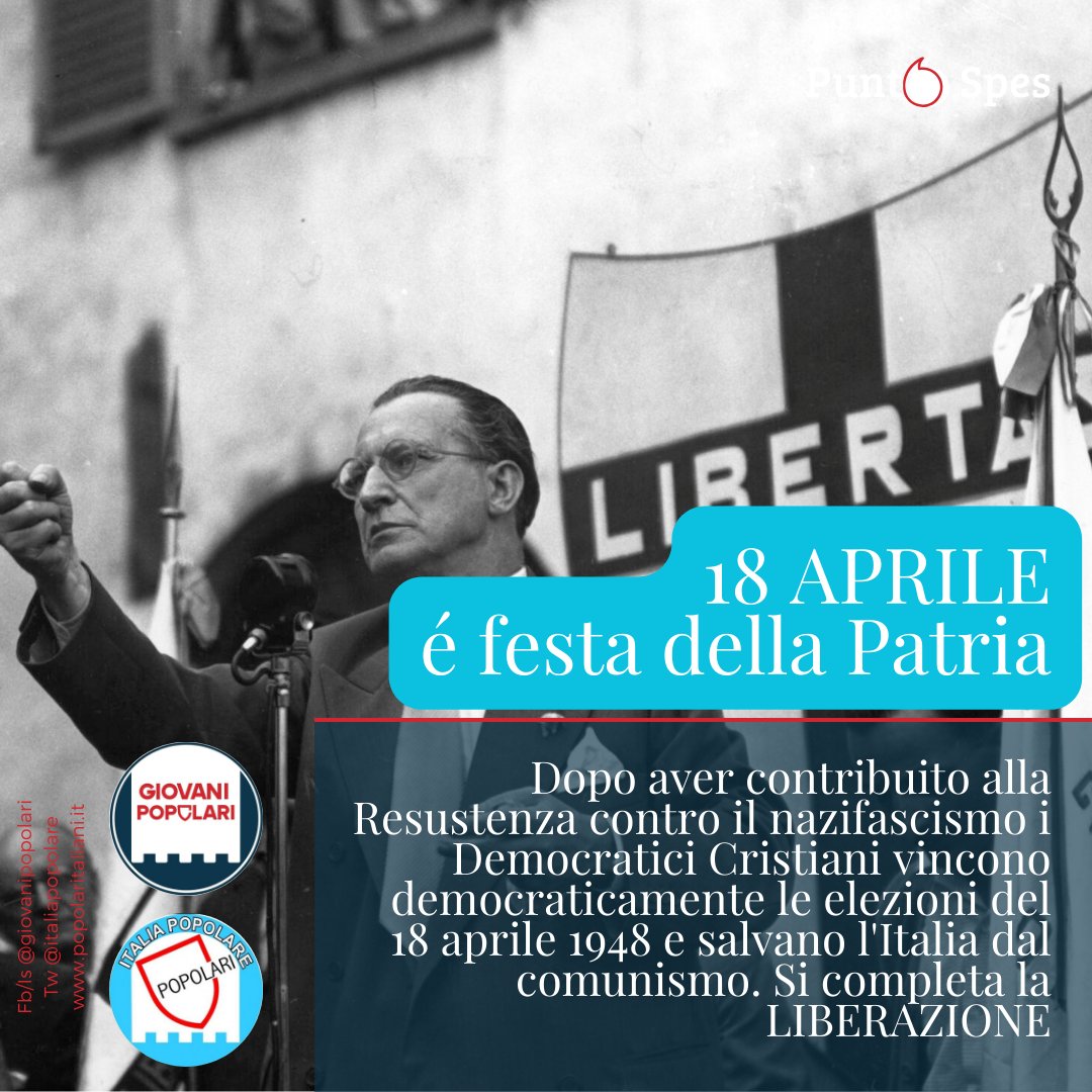 ItaliaPopolare's tweet image. #18aprile Festa della Patria. Con la vittoria elettorale #democristiana guidata da #AlcideDeGasperi si completa la #Liberazione e si salva definitivamente l'#Italia

#popolari #Italiapopolare #liberieforti #Giovanipopolari #PuntoSpes
